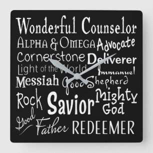 Relógio Quadrado Nomes do deus da bíblia em preto e branco