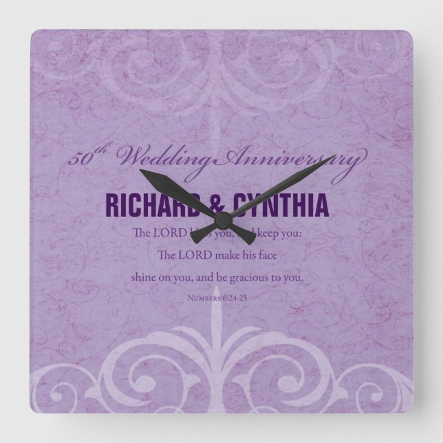 Relógio Quadrado Nomes personalizados, 50º aniversário de casamento (Frente)