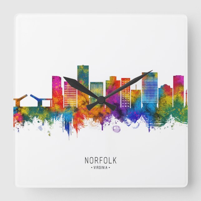 Relógio Quadrado Norfolk Virginia Skyline (Frente)