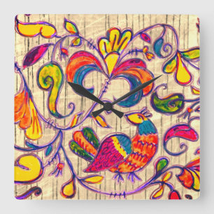 Relógio Quadrado Norte Folk Art Bird da Rússia