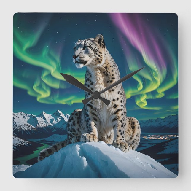 Relógio Quadrado “Northern Sky Wanderer” – Snow Leopard Portrait (Frente)