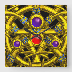 RELÓGIO QUADRADO NÓS CELTICOS ABSTRATO DOURADOS COM GEMSTONAS COLO