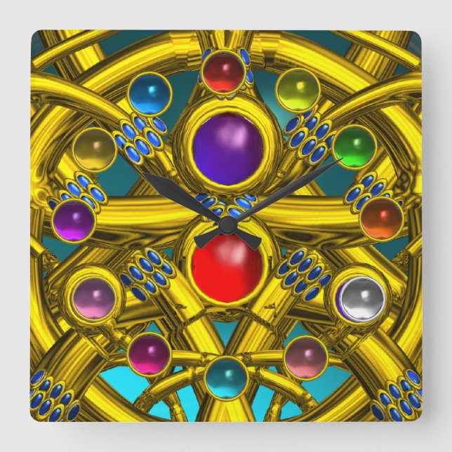 Relógio Quadrado NÓS CELTICOS abstrato DOURADOS COM GEMSTONAS COLOR (Frente)