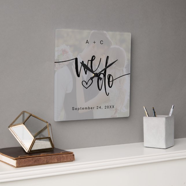 Relógio Quadrado Nós Fazemos Foto de Script de Aniversário de Casam (Escritório)