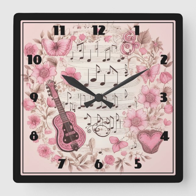 Relógio Quadrado Notas de Música e Flores Estilo Retroativo (Frente)