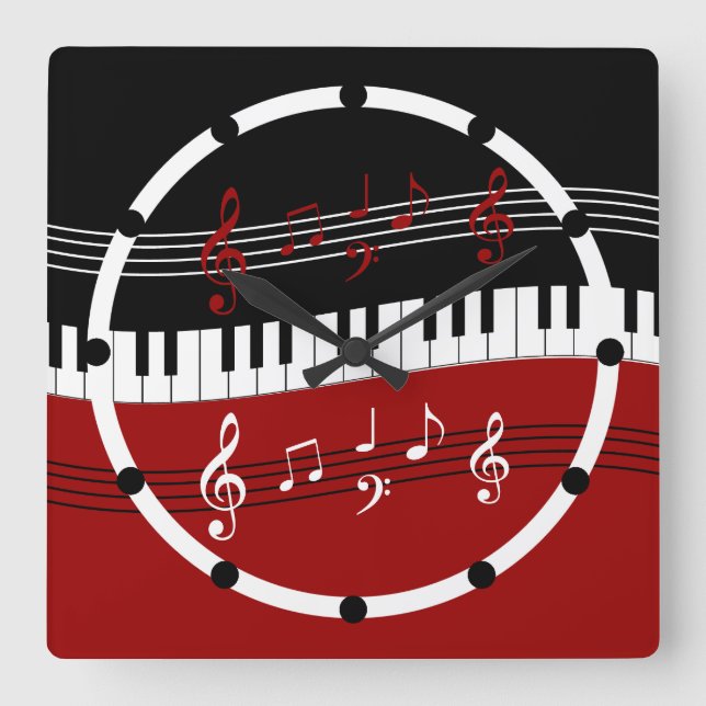Relógio Quadrado Notas e Chaves de Piano Pretas na moda (Frente)