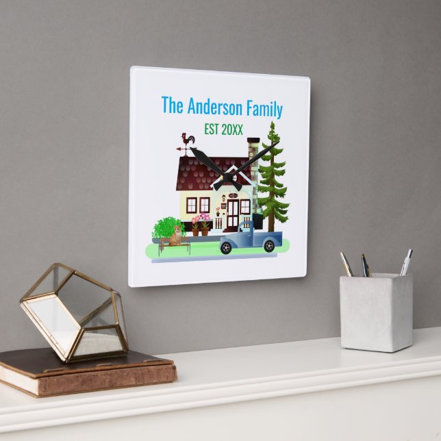 Relógio Quadrado Nova Casa com Nome da Família (Escritório)