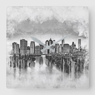 Relógio Quadrado Nova Iorque Manhattan Skyline - preto e branco