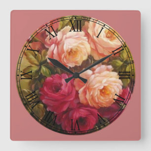 Relógio Quadrado Numeração romana rosa e Rosa vermelha Fine Art