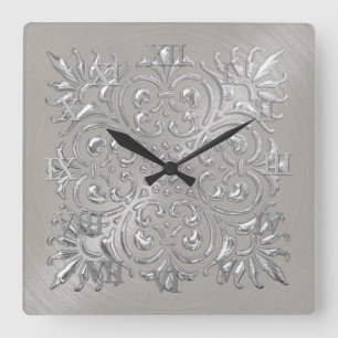 Relógio Quadrado Numerações Romanas de ornamentado Silver em relevo
