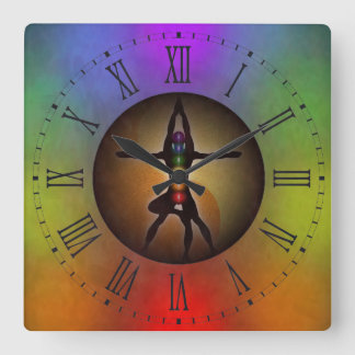 Relógio Quadrado Numerais romanos coloridos de Chakras Yin Yang da