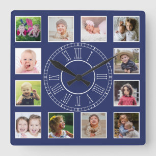 Relógio Quadrado Numeral Romano Azul de Colagem de Fotos da Famíli