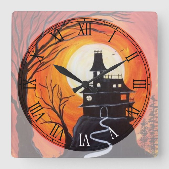 Relógio Quadrado Numeral Romano da Casa Assaltada Creepy (Frente)