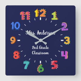 Relógio Quadrado Número Colorido Nome Personalizado Sala de Aula do