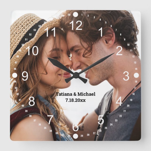 Relógio Quadrado número mínimo simples de brancos de fotos de casal (Frente)