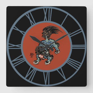 Relógio Quadrado Números Azuis do Leão Shi Chinês Feng Shui