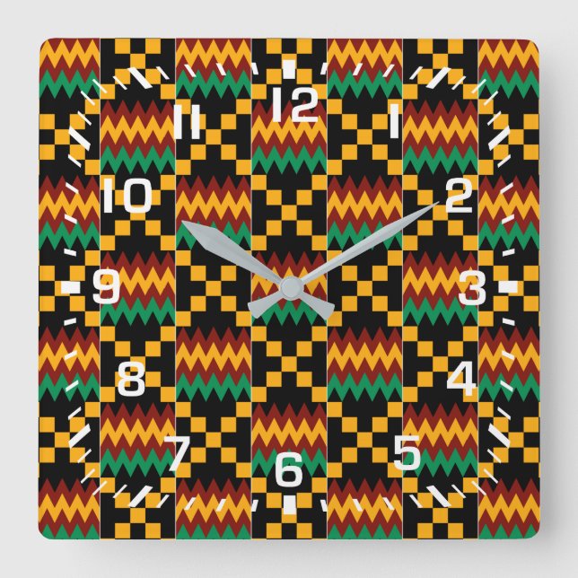 Relógio Quadrado Números brancos / Africa Kente Cloth (Frente)
