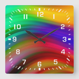 Relógio Quadrado Números brancos / Stripes de onda arco-íris