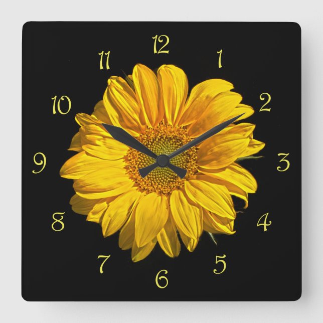 Relógio Quadrado Números de Script Amarelo Sunflower wc (Frente)