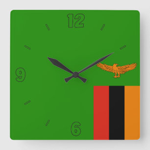 Relógio Quadrado Números Negros Verde Tangerina, Bandeira da Zâmb