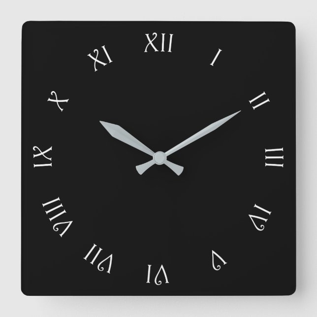 Relógio Quadrado Números romanos de script branco em wct preto (Frente)