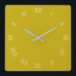 Relógio Quadrado Números romanos de script branco na wcn de mostard<br><div class="desc">Números romanos do roteiro branco no relógio de parede da mostarda

Design © Trinkets e coisas 2017 - AHP Design. Todos os Direitos Reservados.</div>