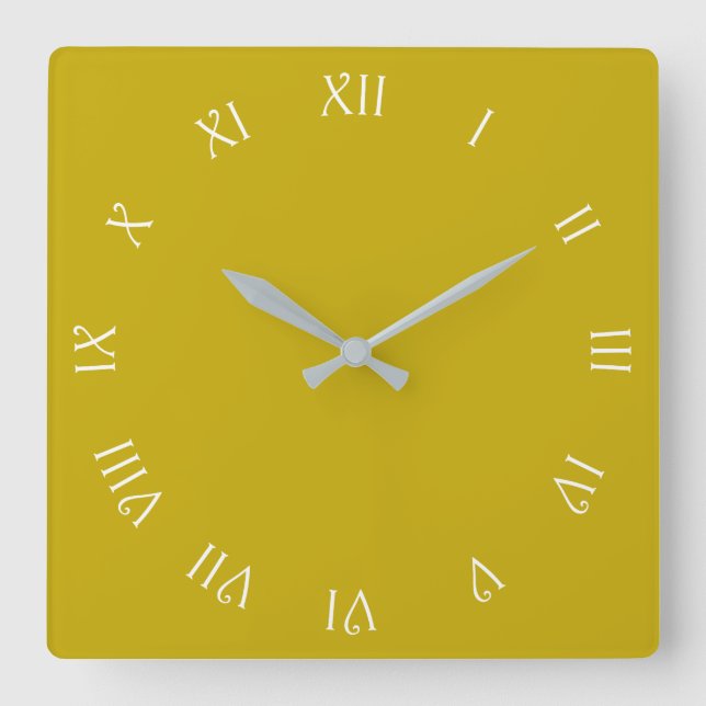 Relógio Quadrado Números romanos de script branco na wcn de mostard (Frente)