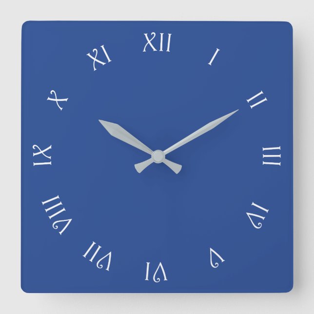 Relógio Quadrado Números romanos de script branco no wcn azul (Frente)