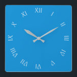 Relógio Quadrado Números romanos de script branco no wcn azul<br><div class="desc">White Script Roman Numbers On Blue Clock Design © Trinkets and Things 2017 - AHP Design. Todos os Direitos Reservados.</div>