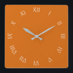 Relógio Quadrado Números romanos de script branco no wcn laranja<br><div class="desc">White Script Roman Numbers On Orange Wall Clock Design © Trinkets and Things 2017 - AHP Design. Todos os Direitos Reservados.</div>