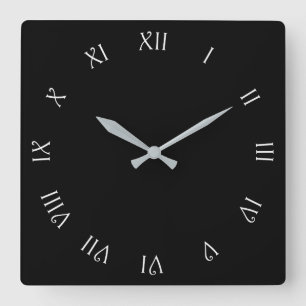 Relógio Quadrado Números romanos de script branco no wcnt preto