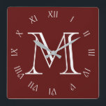 Relógio Quadrado Números romanos do script branco do monograma na w<br><div class="desc">Números romanos do script branco do monograma no relógio de parede vermelha

Design © Trinkets e coisas 2017 - AHP Design. Todos os direitos reservados.</div>