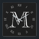 Relógio Quadrado Números romanos do script branco do monograma na w<br><div class="desc">Números romanos do script branco do monograma no relógio de parede preta

Design © Trinkets e coisas 2017 - AHP Design. Todos os direitos reservados.</div>