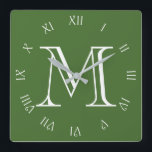 Relógio Quadrado Números romanos do script branco do monograma no w<br><div class="desc">Monogramas White Script Roman Numbers On Green Wall Clock Design © Trinkets and Things 2017 - AHP Design. Todos os Direitos Reservados.</div>