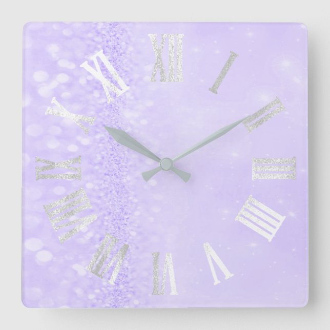 Relógio Quadrado Números romanos Grelha da Lavanda de Cinza pratead (Frente)