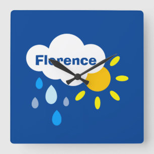 Relógio Quadrado Nuvem Personalizada, Chuva e Sol