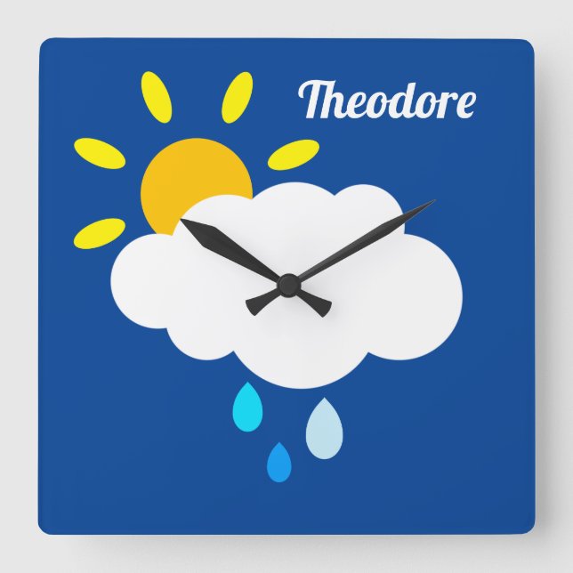Relógio Quadrado Nuvem Personalizada, Chuva e Sol (Frente)
