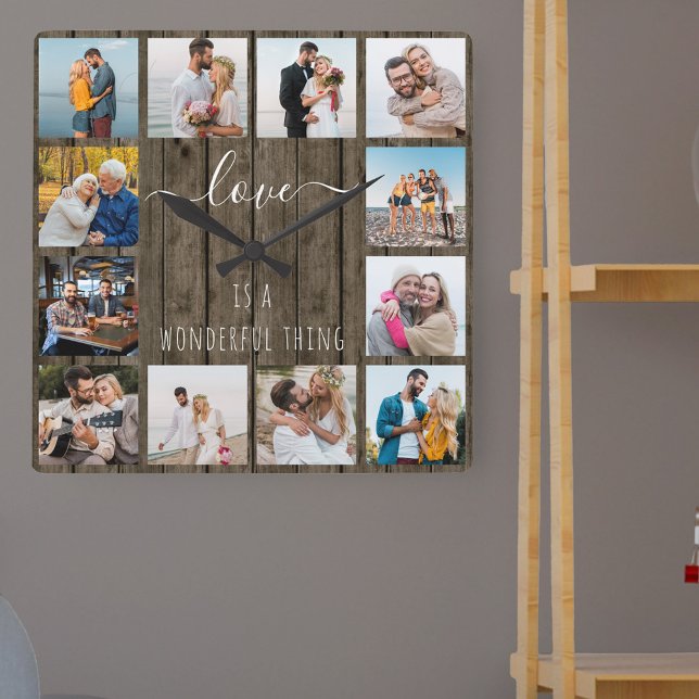 Relógio Quadrado O amor é uma maravilhosa cota 12 Photo Wood (Love is a wonderful thing and so is a custom made photo gift for family, newlyweds, anniversaries ..)