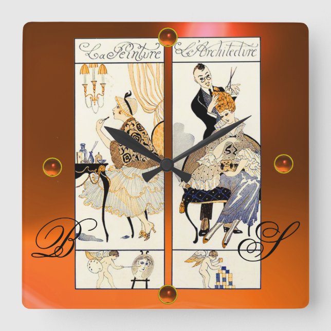 Relógio Quadrado O CABELEIREIRO, SALÃO DE BELEZA COMPO a laranja do (Frente)