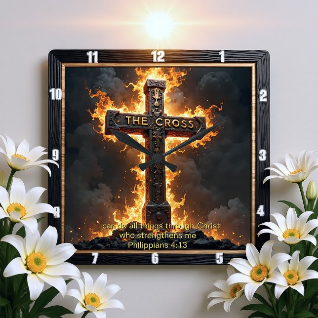 Relógio Quadrado O Medalhão da Cruz Poder Filipenses 4:13 Versículo (Criador carregado)