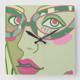 Relógio Quadrado o rosto de uma mulher em óculos antigos.