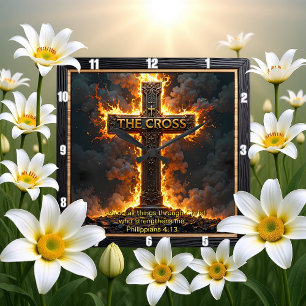 Relógio Quadrado O Tempo Ardente da Cruz Filipenses 4:13 Versículo
