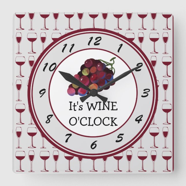 Relógio Quadrado O tempo é Wine O'Clock (Frente)