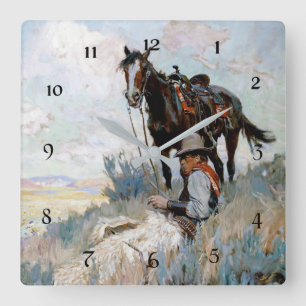 Relógio Quadrado “O Vaqueiro” Arte Ocidental por Philip R Goodwin
