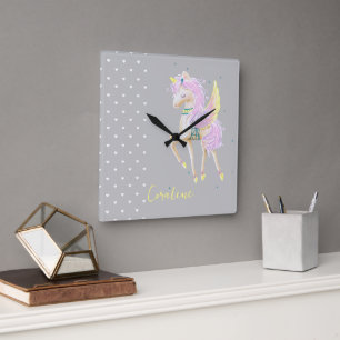 Relógio Quadrado O Wall Clock apresenta um design de unicórnio fofo