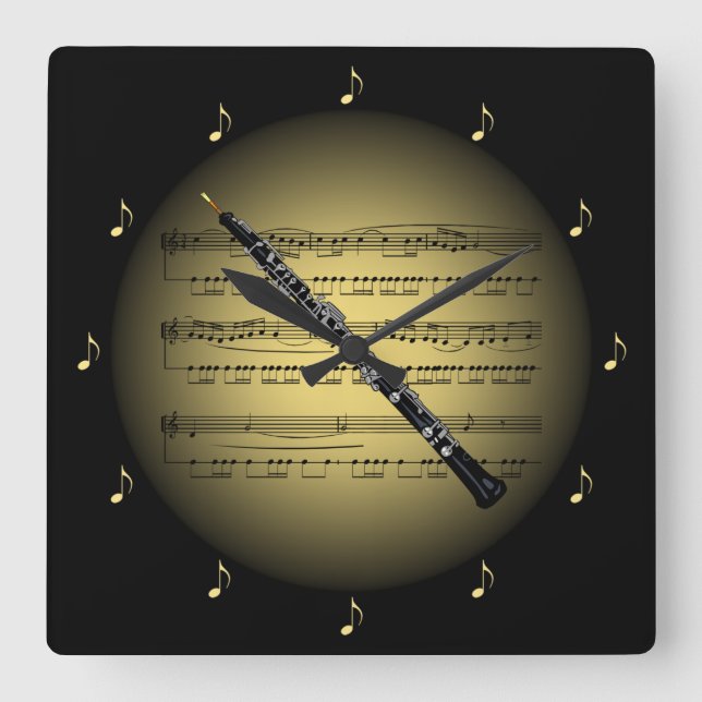 Relógio Quadrado Oboe 3-D Gold Globe ~ Sheet Music ~ Black BG ~ * ~ (Frente)