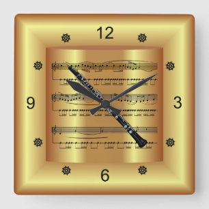 Relógio Quadrado ~ Obot ~ Folha Curva Música ~ Dourado Fundo ~