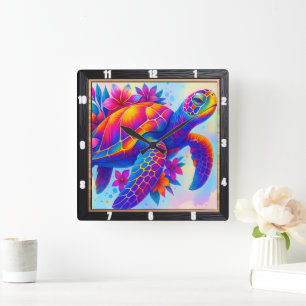 Relógio Quadrado Oceano de Tartaruga Multicoloração Vibrante