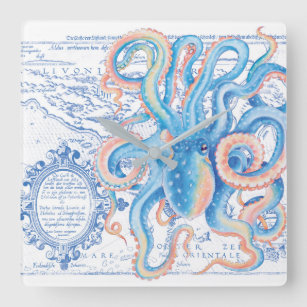 Relógio Quadrado Octopus Blue Vintage Map Chic