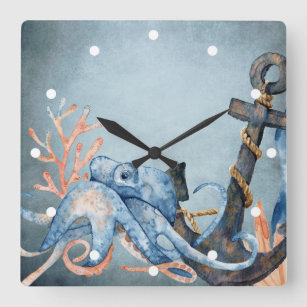 Relógio Quadrado Octopus de aquarelas e praia náutica âncora